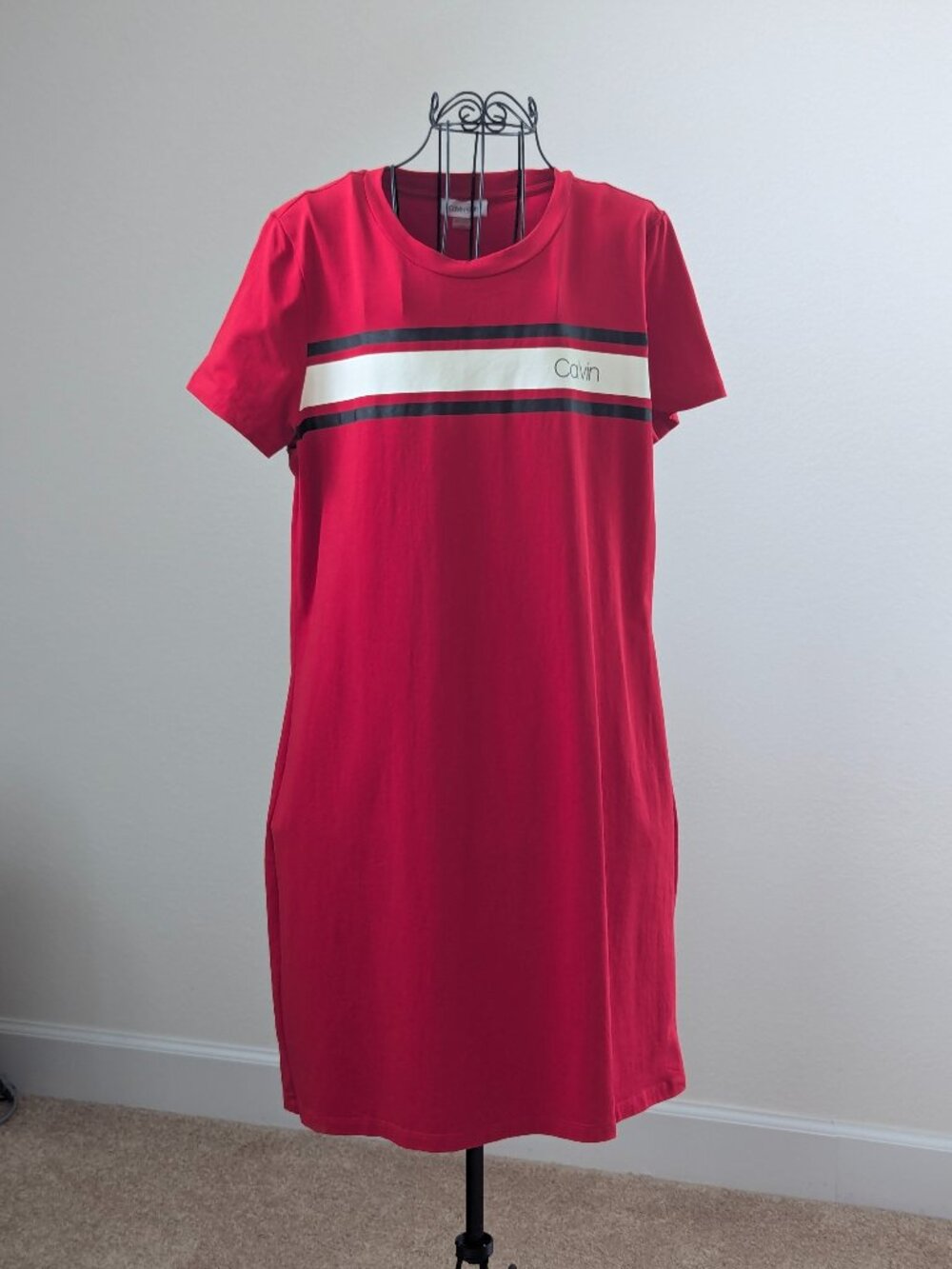 Calvin Klein Red Logo Stripe Cotton Stretch T Shirt Dress L